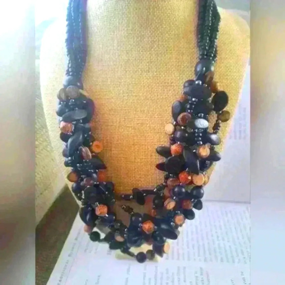 Wooden beaded necklace bkack  caramel tones multilayer. Great accessory. - Picture 1 of 5